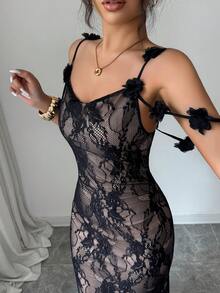 Elenzga Đầm nữ thanh lịch, thời trang, thoải mái, quyến rũ, cổ điển, tối giản, cao cấp, lãng mạn, thích hợp cho kỳ nghỉ, tiệc tùng, hẹn hò, đi biển, hè nóng bỏng, không tay, họa tiết hoa 3D, cổ xếp ly, ren xuyên thấu, dáng đuôi cá (Họa tiết hoa ngẫu nhiên) - màu đen - Xem 4
