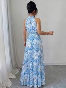 SHEIN Elenzya Ditsy Floral Ruffle Collar Pleated Waist A-Line Elegant Romantic Dress For Women, Suitable For Vacation - Multicolor - View 2