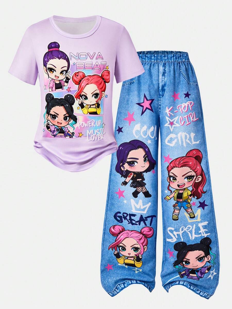 SHEIN Sparklyn Tween女孩2件組薰衣草色套裝,可愛女孩團體風夏季短袖上衣與塗鴉印花寬鬆寬腿長褲,柔軟透氣 - 紫色 - 查看 1