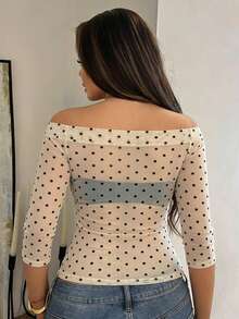 Dazy Plus Plus Size Polka Dot Flocked Mesh Off-Shoulder Sheer T-Shirt - Beige - View 4