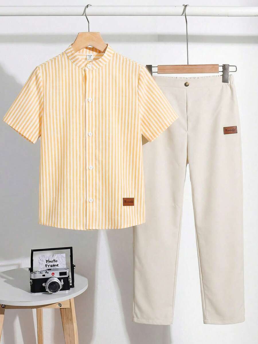 SHEIN 2pcs Tween Boy Striped Short Sleeve Mandarin Collar Shirt And Pants Set,Beige Summer Casual Family Matching Loose Raglan Outfit For School Daily