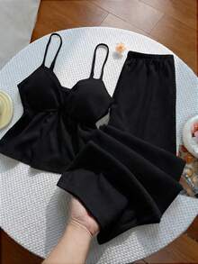 Conjunto de pantalones palazzo casuales con parches de tela texturizada, encaje floral y estilo Y2K - Negro - Ver 3