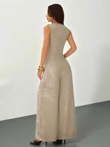 SHEIN PETITE Bộ đồ nữ thanh lịch tối giản gồm áo vest ngắn cổ chữ V phối màu tương phản và quần ống rộng cạp cao, phù hợp cho đi làm hàng ngày và mặc thường ngày, màu be, thích hợp cho lễ tốt nghiệp, trang phục giáo viên, tựu trường mùa thu/đông. - Màu be - Xem 4