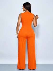 SOLERSUN Bộ jumpsuit nữ màu đỏ tía thanh lịch không tay, cổ chữ V sâu, khoét eo, thắt lưng kim loại xếp nếp, ống rộng, thích hợp cho buổi tối/tiệc tùng/hẹn hò. - trái cam - Xem 2