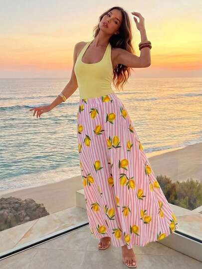 Ellevyn Women's Halter Top And Lemon Print Mini Skirt Set, Suitable For Vacation