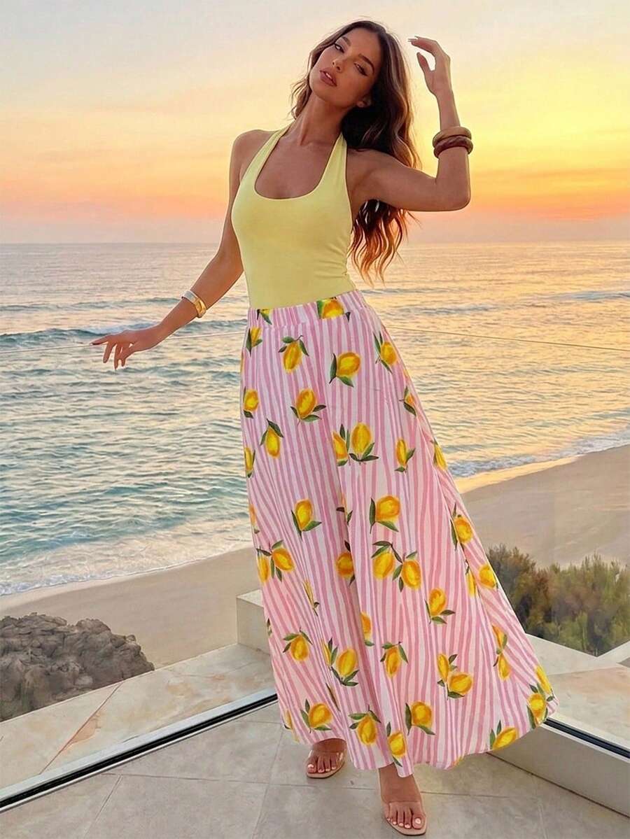 Ellevyn Women's Halter Top And Lemon Print Mini Skirt Set, Suitable For Vacation - Multicolor - View 1
