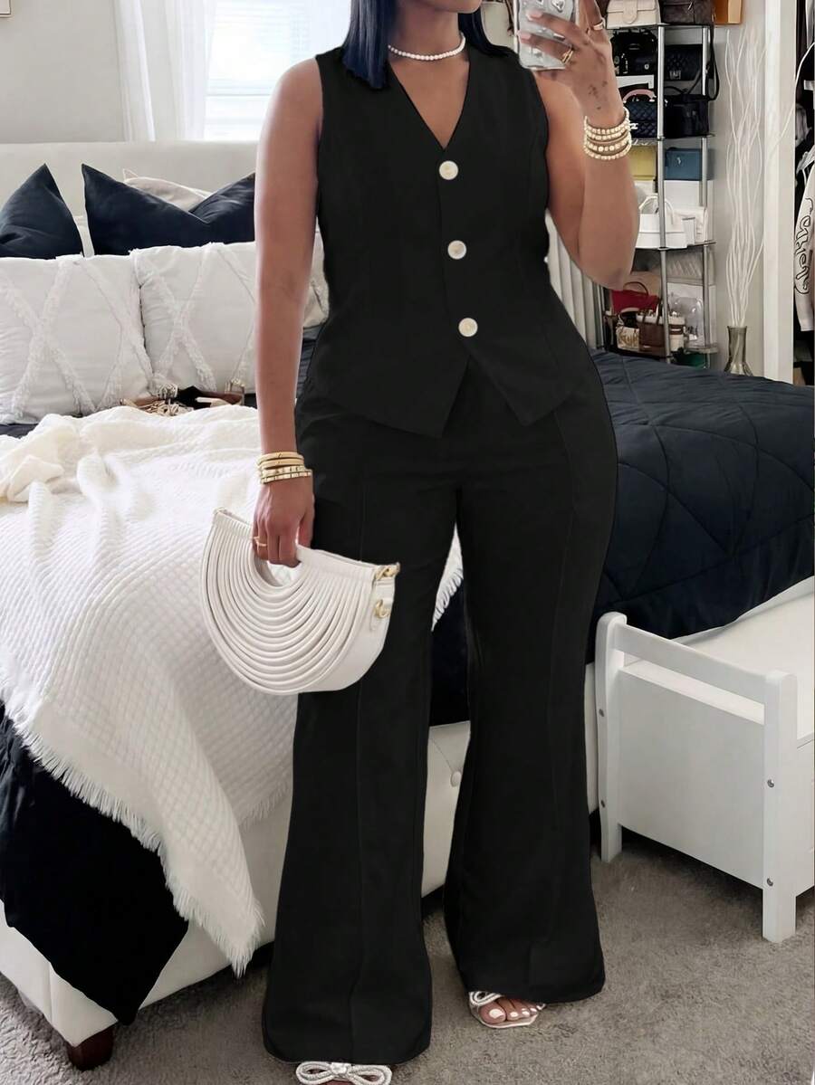 Veslaya Plus Size Women's Black Summer Curve Elegant Cocktail Work 2-Piece Set,Boho Sleeveless V-Neck Top And Pants For Wedding Guest,Party,Commute,Vacation - Black - View 1