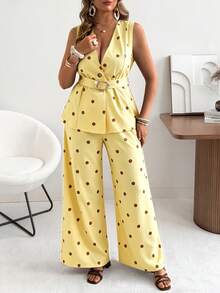 Ceyna Plus Size Women's Classic Retro Polka Dot Vest And Wide Leg Pants Set Summer Holiday Outfits - Multicolor - View 4