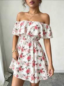 Elenzga Women's Floral Print Off-Shoulder Ruffle Hem Vacation Dress - White - View 3