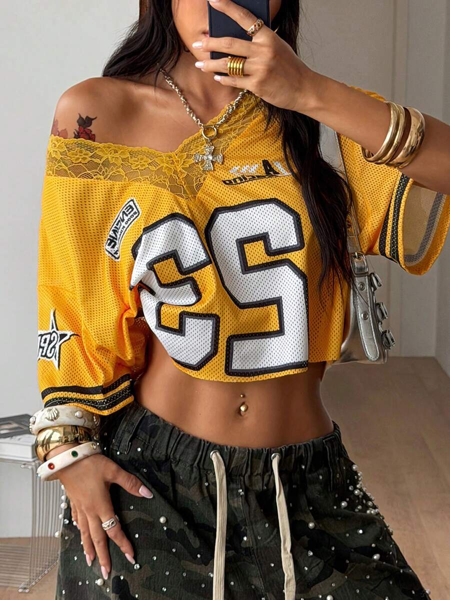 Coolane Women's Summer Sportswear Basic Y2K Streetwear Country Number Pattern Contrast Lace V-Neck Jersey Yellow Over Size T-Shirt Top Concert - Yellow - View 1