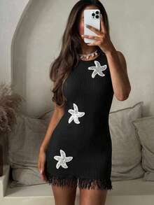 Serisse Women's Fashionable Beach Dress With Knitted Starfish And Shiny Tassel Accent, Suitable For Spring And Summer - Black - View 3