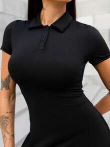 Maju Mazalli 女式网球运动户外短袖 Polo 领浅黄色运动连衣裙，带口袋 - 黑色 - 查看 6