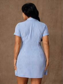 SHEIN CURVE+ Plus Size Women's Casual Striped Cinched Waist Dress, Summer - Blue - View 2