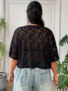 SHEIN EZwear 大码女式黑色休闲刺绣透视性感T恤 - 黑色 - 查看 2