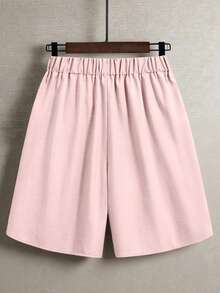 EMERY ROSE Women's Casual Commute Daily Outing Elastic Waist Round Slit Design Chinese Knot Button Decoration Shorts - Baby Pink - View 2