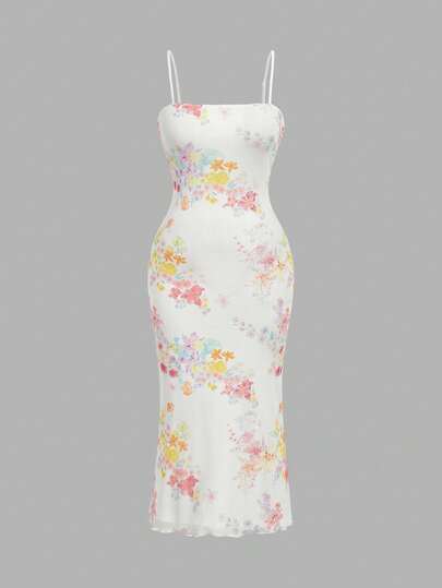 SHEIN MOD Women's Floral Print Fitted Elegant Midi Slip Dress, Spring/Summer Outfit, Perfect For Vacation, Date, Picnic, Party, Prom, Festival, And Birthday Wear; Romantic And Cute Floral Dress, Beach Vacation Outfits For Women, Holiday Outfits, Casual Long Dress, Bodycon Dress, Tea Party Dress, Carnival Costume, Slim Fit, Suitable For Commuting And Daily Wear, Long Party Dresses, Graduation Dress, Elegant Ceremony Dresses, Garden Party Dress ,Summer Dress