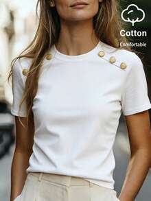 EMERY ROSE Áo thun cotton mùa hè dành cho nữ, chất liệu co giãn, cổ tròn, tay raglan, có cúc trang trí, thắt eo, thời trang, thanh lịch, thoải mái. - trắng - Xem 6