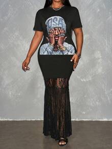 Slaydiva Plus Size Maxi Dress For Women,Round Neck Short Sleeve Lace Patchwork Hem,Black And Gold,Summer,Casual,Bussines,,Independence Day Print Dress - Black - View 6