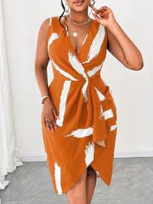 Maweii Vestido sin mangas con cuello en V y estampado de talla grande - Naranja - Ver 4