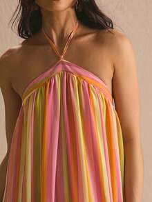 MUSERA Stripe Halterneck Flowy Mini Summer Dress Spring Summer Cosy Cute Daily Girly Vacation Sunlight Social - Pink - View 3