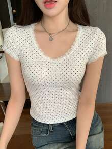 DAZY 女士波点印花蕾丝拼接时尚百搭T恤 - 米色 - 查看 8