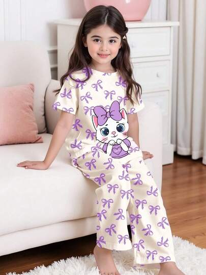 Cream White & Cream Purple, Cute Cat Animal Print, Young Girls Casual Slim Fit Round Neck Short Sleeve Top And Pants Homewear Set, Suitable For Spring/Summer Daily Wear, Chill Chill, Girly Style, Chill Vibes, Sets For Girls, Easy Comfort, Casual Wear