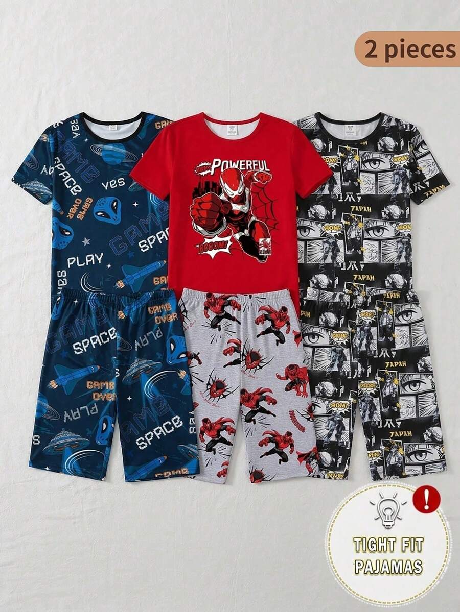 青少年男孩动漫印花短袖T恤和短裤两件套睡衣套装 - 黑與白 - 查看 1