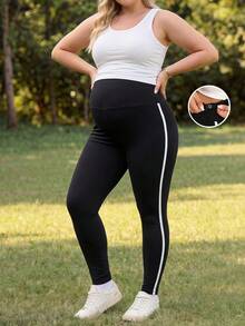 Plussiva Maternity Plus Size Adjustable High Waist Contrast Striped Side Skinny Leggings - Black - View 9