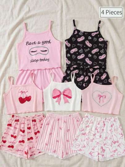 4pcs Girls Cute Heart & Eyelash Print Camisole Top And Shorts Pajama Set, Comfortable Casual Homewear