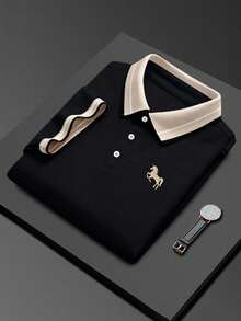 Calvornis 男士緹花領刺繡短袖休閒 Polo 衫，正式款 - 黑色 - 查看 2