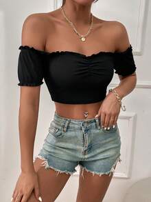 SHEIN Holidaya Women's Solid Color Off-Shoulder Ruched Fitted Casual T-Shirt - Black - View 3
