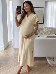 Slowluna 孕妇纯色短袖口袋侧开衩下摆休闲连衣裙 - 白色 - 查看 2