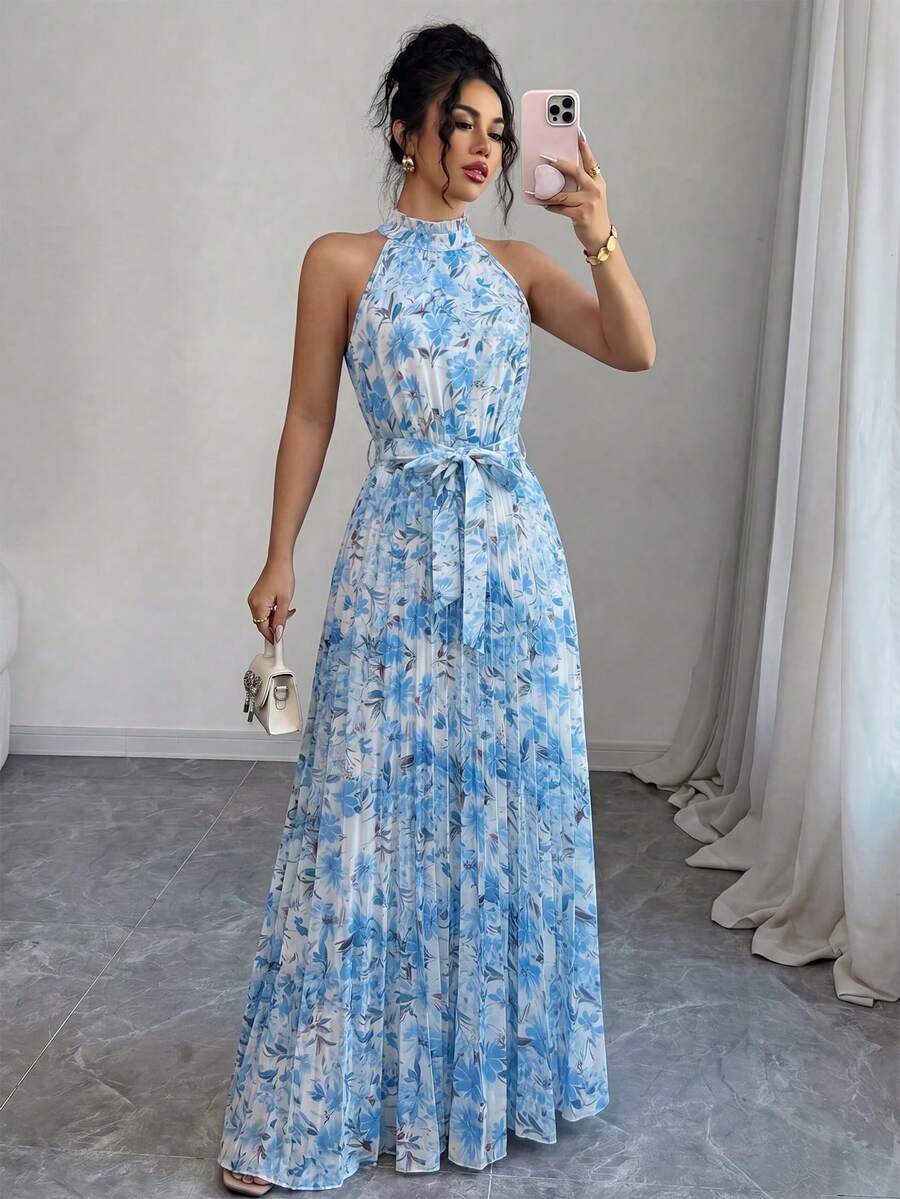 SHEIN Elenzya Ditsy Floral Ruffle Collar Pleated Waist A-Line Elegant Romantic Dress For Women, Suitable For Vacation - Multicolor - View 1