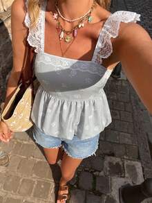 SHEIN LUNE Women's Light Blue Floral Summer Boho Tea Party Beach Holiday French Cottage Ditsy Floral Print Lace Trim Ruffled Flounce Hem Blouse For Coachella - Mint Green - View 7