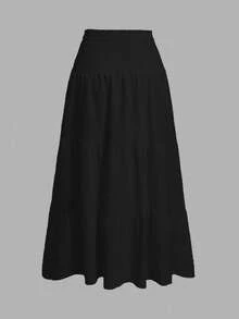 SHEIN MOD Women's Casual Solid Color Ruffle Hem A-Line Skirt - Black - View 2