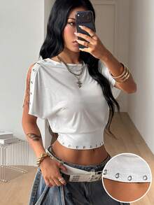 Coolane Women's Summer Music Festival Streetwear Daily Wear Casual Y2k Stretchy Grommet Eyelet Fitted White Asymmetrical Neck Tighten The Waist Short T-Shirt,Summer Top - White - View 1