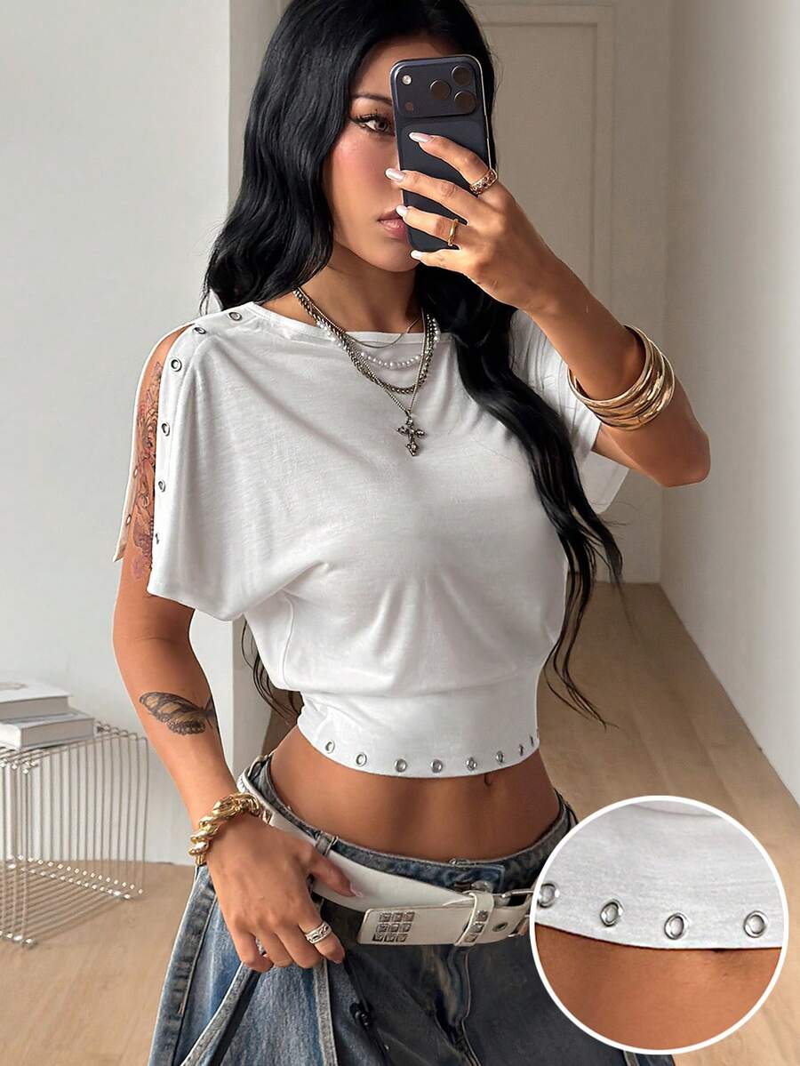 Coolane Women's Summer Music Festival Streetwear Daily Wear Casual Y2k Stretchy Grommet Eyelet Fitted White Asymmetrical Neck Tighten The Waist Short T-Shirt,Summer Top - White - View 1