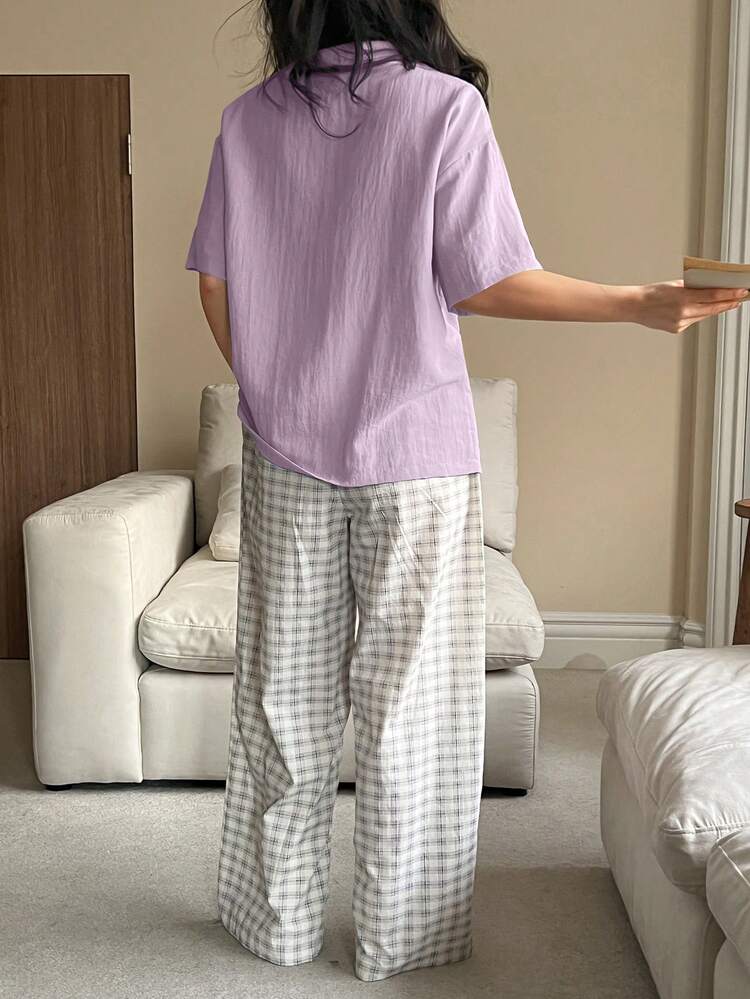 2pcs Solid Color Loose Short Sleeve Cardigan Shirt & Straight Long Plaid Pajama Pants Set, Women Sleepwear