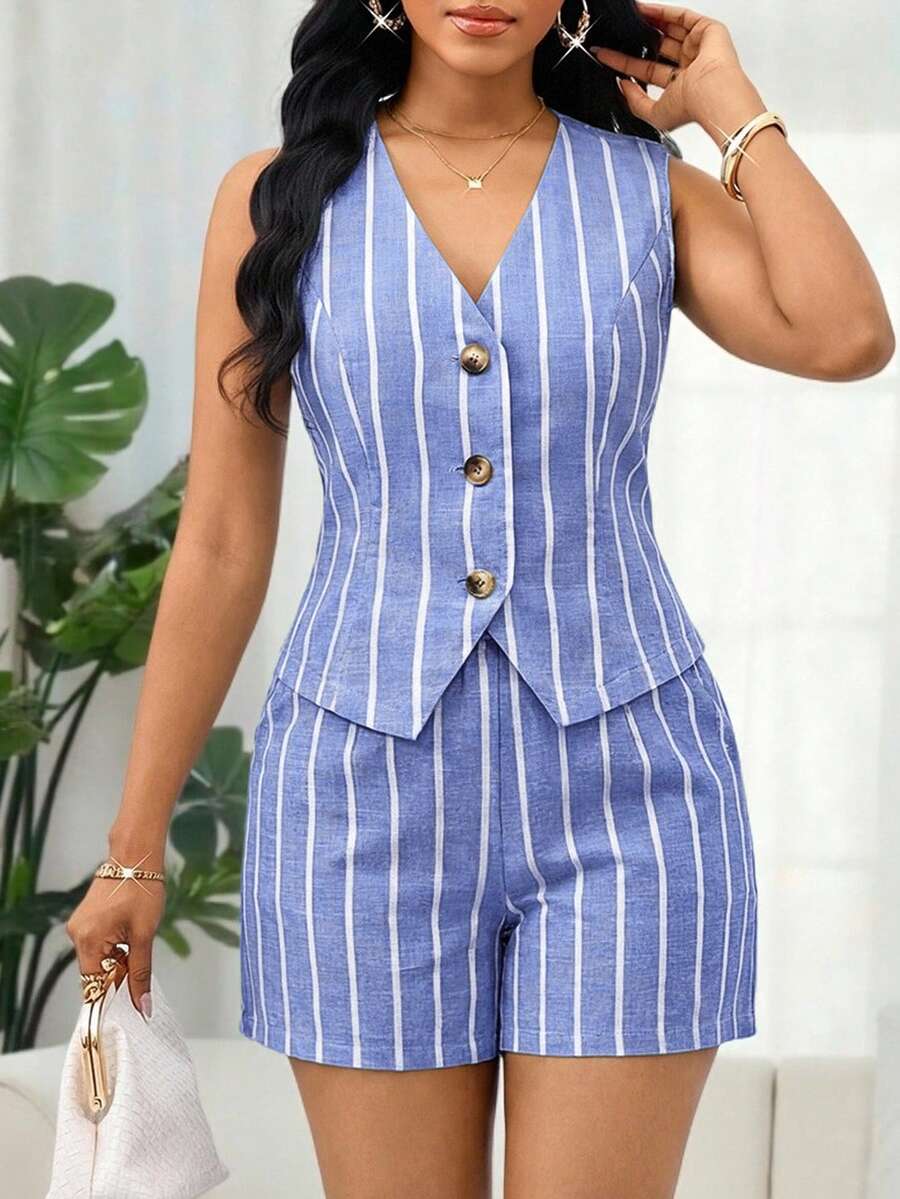 SHEIN Lady 女士条纹背心短裤两件套,蓝白 - 藍白色 - 查看 1