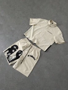PAVTROS Bộ 2 món áo sơ mi ngắn tay và quần short nam in hình khẩu hiệu, chất liệu dệt kim, áo crop top và quần short cạp chun, phong cách đường phố, trượt ván, retro thập niên 90, kiểu poster, phù hợp cho dạo phố, quán bar, lễ hội âm nhạc, tụ họp đường phố, quà tặng ngày lễ. - Màu Khaki - Xem 3