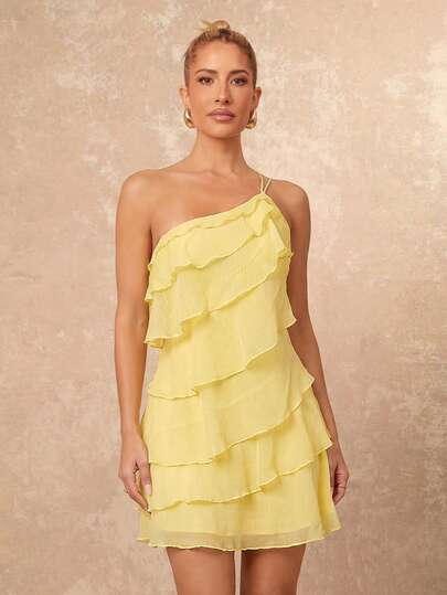 Lumalex Butter Yellow One Shoulder Mini Dress With Double Strap Detail Tiered Ruffle Layers Flowy Chiffon Fabric Asymmetrical Neckline Soft Crinkle Texture Loose Fit And Romantic Resort Vacation Style, Perfect For Summer, Cruises, Beach Weekends, Vacations, Parties, Date Nights, Weddings, Proms, Banquets, Birthdays, Carnivals, Festivals, And Other Holiday Events, Wedding Guest Dress, Cancun Outfits, Neo-Girly Charm, Boho-Casual Flair, Quiet Luxury, Business Chic, And Relaxed Vacay Elegance, Ruffle-Hem Bodycon, A Richly Layered, Glitter-Accented Style For Luxury Proms, Receptions, Banquets, Weddings, Raves, Festivals, Holiday Gatherings, And Outdoor Evening Occasions-Ideal, Summer Dress
