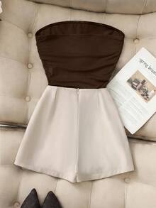 SHEIN Franclia Bộ 2 món: Áo croptop nhún bèo màu trơn co giãn + Chân váy kaki xẻ tà cạp cao, trang phục mùa hè cho nữ, chân váy mini vạt lệch, bộ đồ thường ngày, trang phục công sở, trang phục đi nghỉ mát - màu nâu - Xem 2
