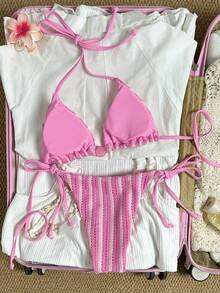 Swim Mod 女款 26SS 春夏新款仿鉤編紋理面料石珠飾邊 V 領露背三角比基尼套裝，附綁帶三角泳褲 - 粉色 - 查看 2