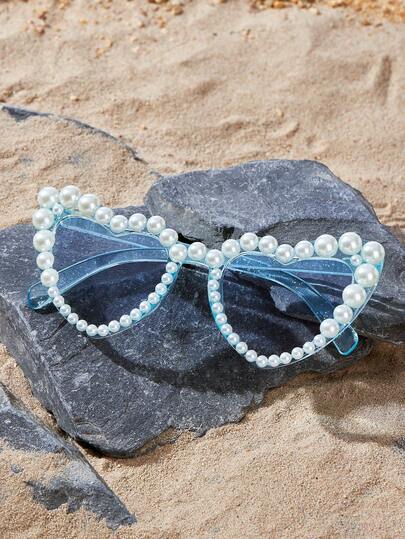 Opalesca Faux Pearl Decor Heart Shaped Fashion Glasses, Cute And Stylish For Outdoor Beach Use Valentines For Summer Beach Vacation, Outdoor, Travel