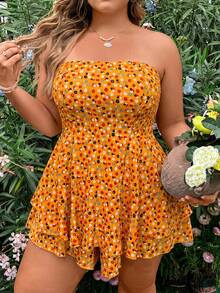 Sunnyshic Plus Size Women Orange Ditsy Floral Strapless Layered Hem Jumpsuit - Orange - View 3
