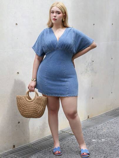 CHERRY TINTT SELECTION Vestido casual de manga de murciélago de mezclilla lavada de talla grande