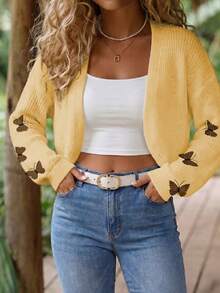 EMERY ROSE Chaqueta corta de punto de talla grande para mujer con bordado de mariposa en unicolor, de moda y versátil para otoño/invierno - Amarillo - Ver 1