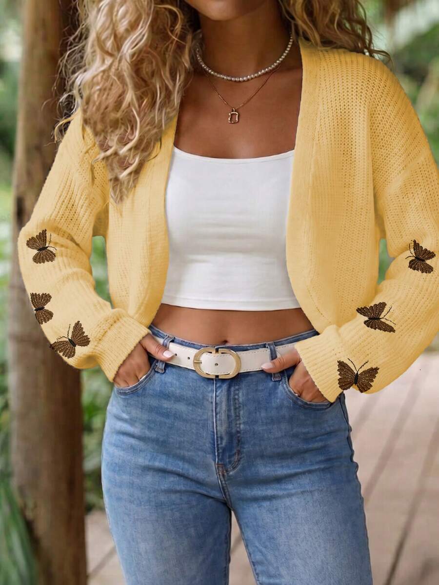 EMERY ROSE Chaqueta corta de punto de talla grande para mujer con bordado de mariposa en unicolor, de moda y versátil para otoño/invierno - Amarillo - Ver 1