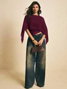 Poéselle Women's Solid Color Round Neck Batwing Sleeve Pleated Fashionable Blouse,Summer Top - Red Violet - View 2