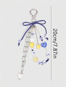 ROMWE Fairycore 1 Móc khóa hạt cườm sứ xanh trắng kiểu Trung Quốc mới, hình trái tim dễ thương, dùng làm mặt dây chuyền túi xách hoặc dây điện thoại, món quà hoàn hảo cho năm học mới & lễ tốt nghiệp, quà tặng ngày lễ tình nhân, sinh nhật và các ngày lễ khác. - Màu xanh lam - Xem 2